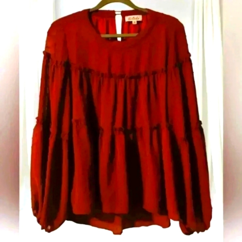 Boho maroon tiered flowy Whimsygoth blouse balloon sleeves lined - Picture 3 of 10